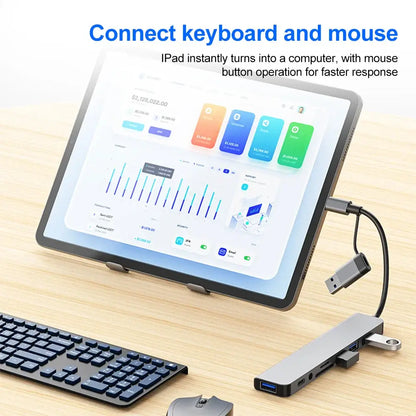 Tablet connected to Ultimate USB C Hub Extender, showcasing a versatile USB splitter