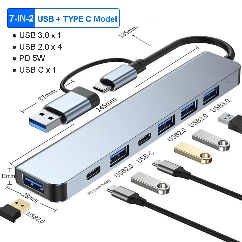 Silver USB C Hub Extender with multiple ports, perfect USB splitter for all devices