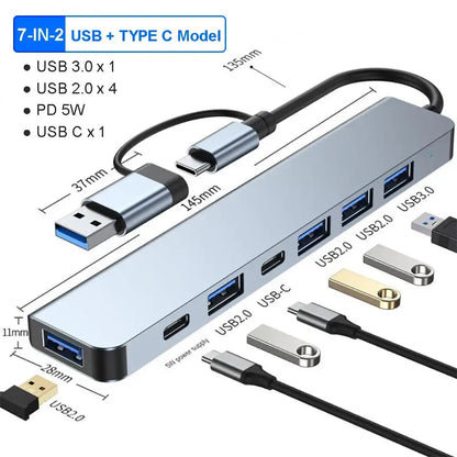 Silver USB C Hub Extender with multiple ports, perfect USB splitter for all devices