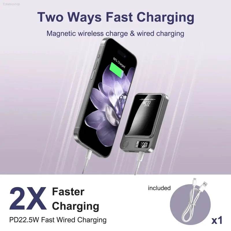 Ultra-Fast 5000mAh Magnetic Wireless Power Bank with Type-C Cable - Compatible with iPhone 12/13/14/15/16 Series - Estalios