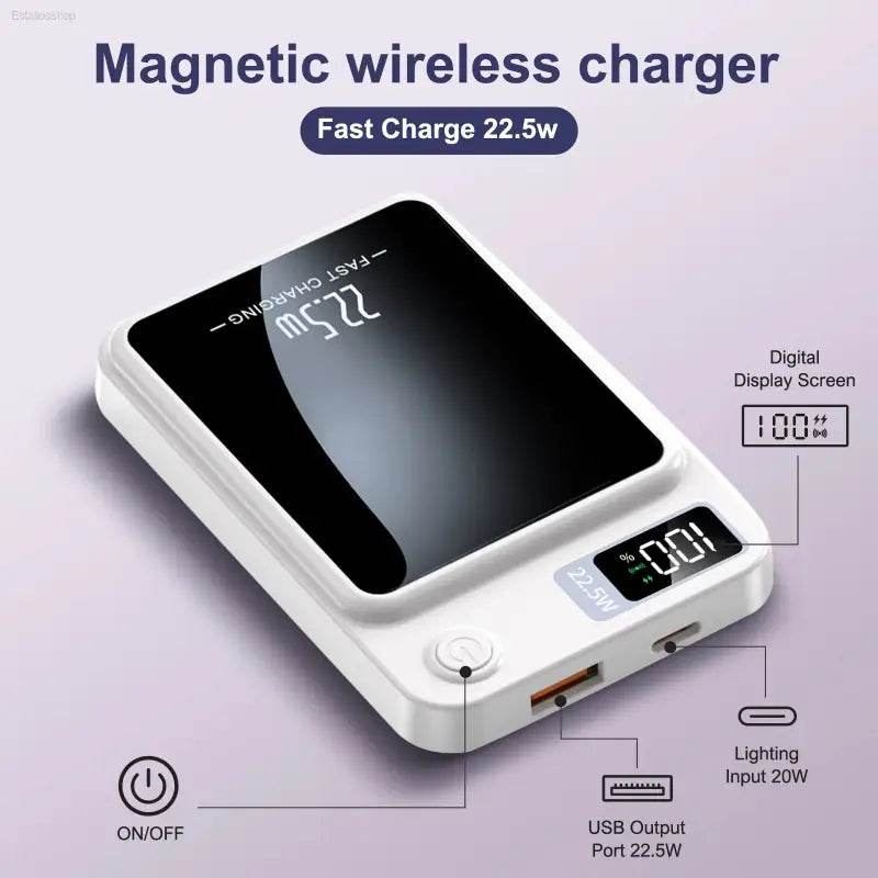 Ultra-Fast 5000mAh Magnetic Wireless Power Bank with Type-C Cable - Compatible with iPhone 12/13/14/15/16 Series - Estalios