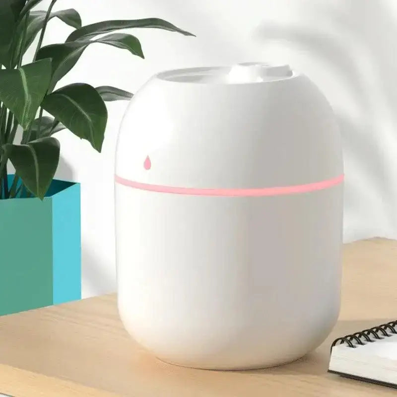 White cylindrical humidifier with pink light, perfect as a portable USB ultrasonic oil diffuser