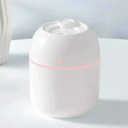 White cylindrical portable USB ultrasonic humidifier with pink light for car use