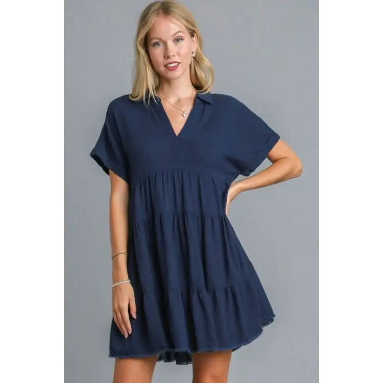 Umgee Full Size Raw Hem Folded Sleeve Tiered Dress Plus Size - S / Dark Navy - Women’s Clothing