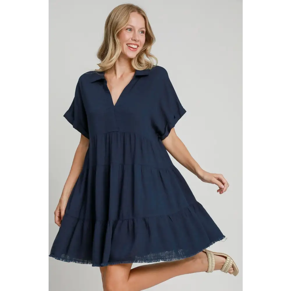 Umgee Full Size Raw Hem Folded Sleeve Tiered Dress Plus Size - Women’s Clothing