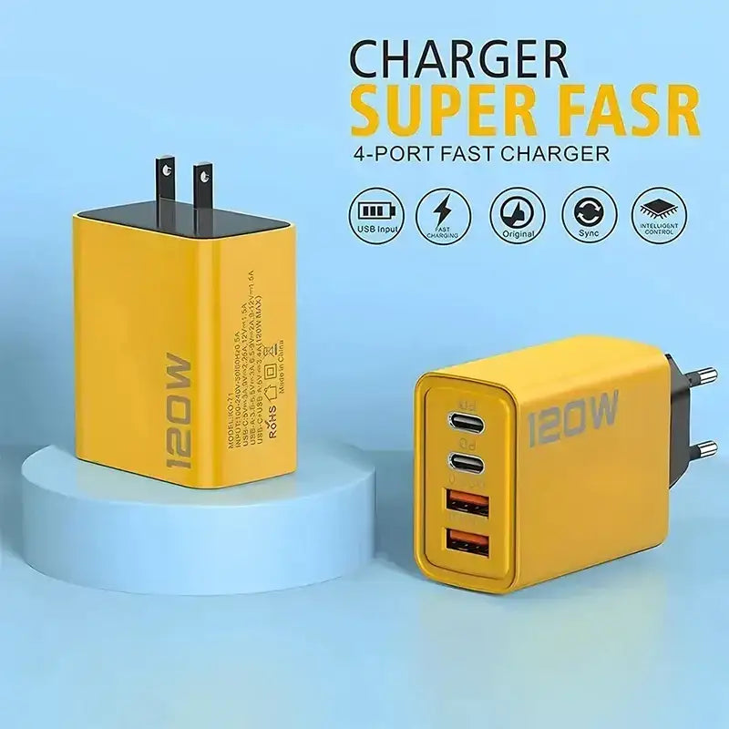 Yellow 120W fast charger 4ports in Unleash 120W for speedy Type C charging