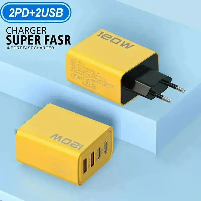 Yellow Unleash 120W fast charger 4ports for super-speedy Type C quick charging