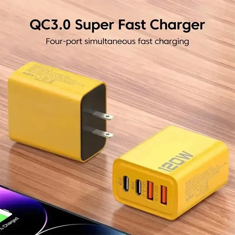 Yellow Unleash 120W fast charger 4ports for quick charging and Type C devices