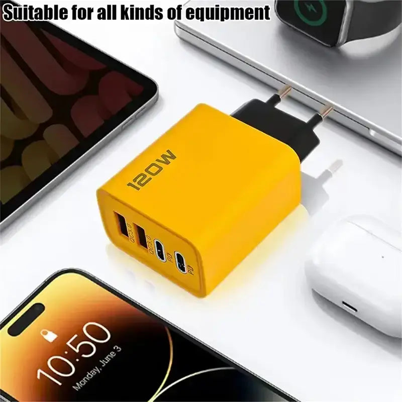 Yellow 120W USB charger from Unleash for fast charging with 4ports quick charging