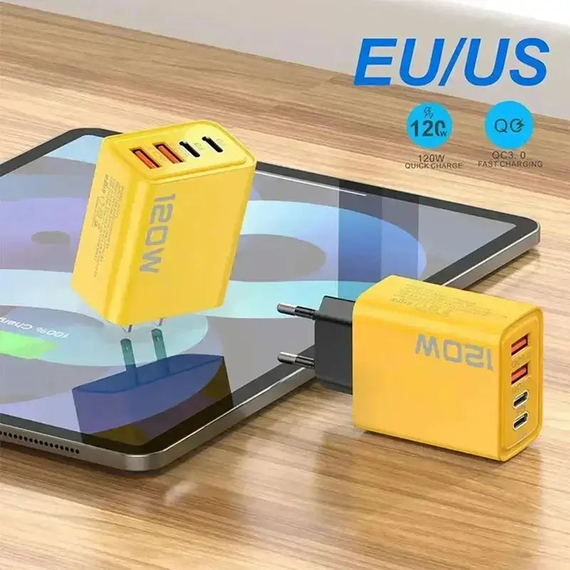 Yellow multi-port USB charger for the Unleash 120W fast charger 4Ports quick charging