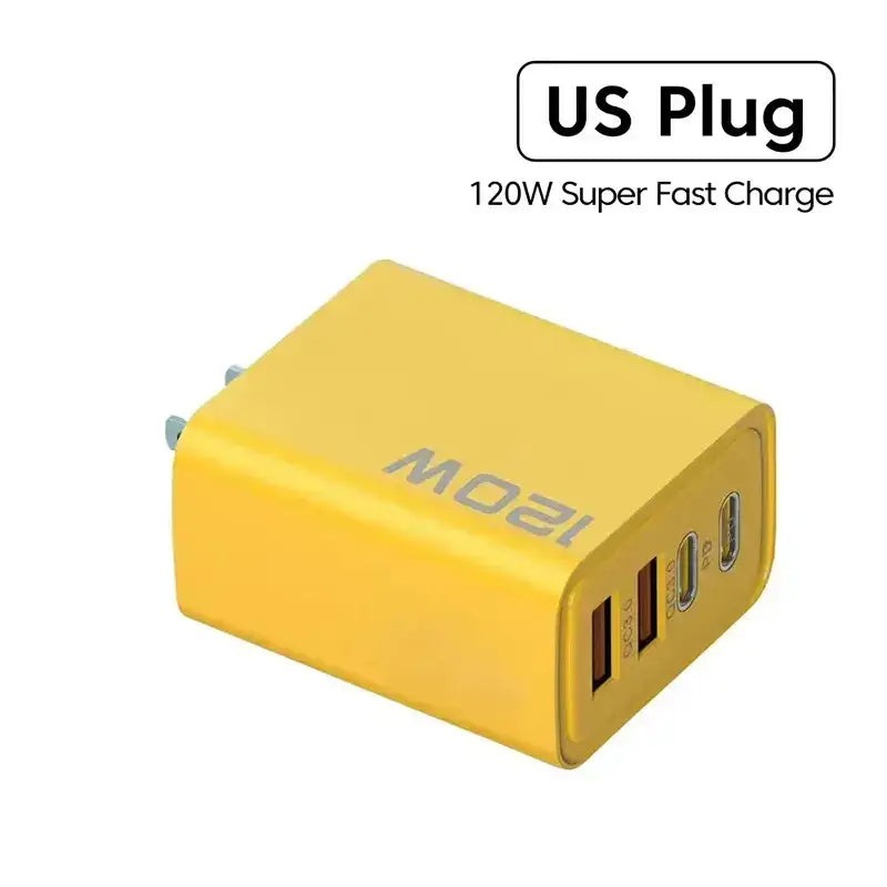 Yellow 120W fast charger 4Ports for quick charging and Type C devices