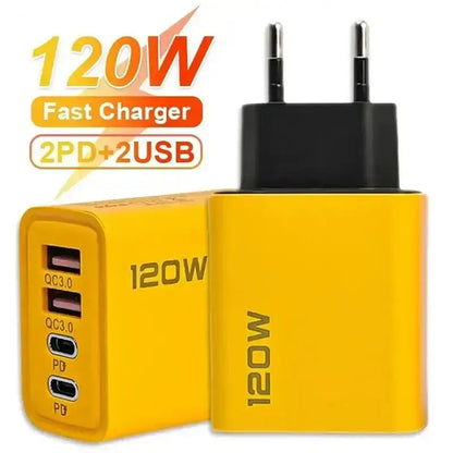 Yellow Unleash 120W fast charger with 4Ports Quick Charging and Type C fast options