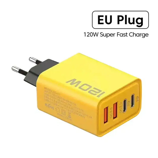 Yellow 120W EU plug fast charger with 4Ports for quick charging and Type C fast support