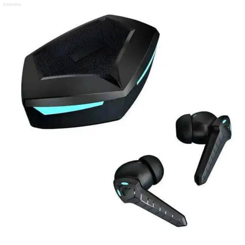 Black wireless earbuds with charging case.