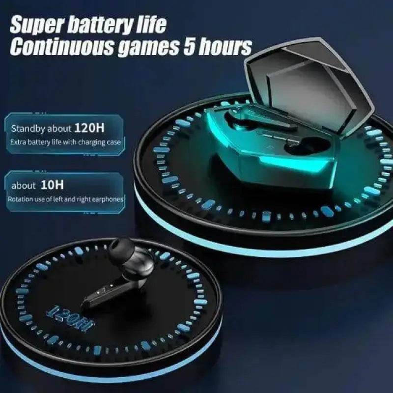 Wireless gaming earbuds with charging case.
