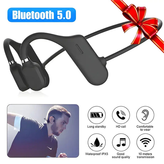 Black bone conduction open ear headphones with a gift bow, waterproof and wireless Bluetooth