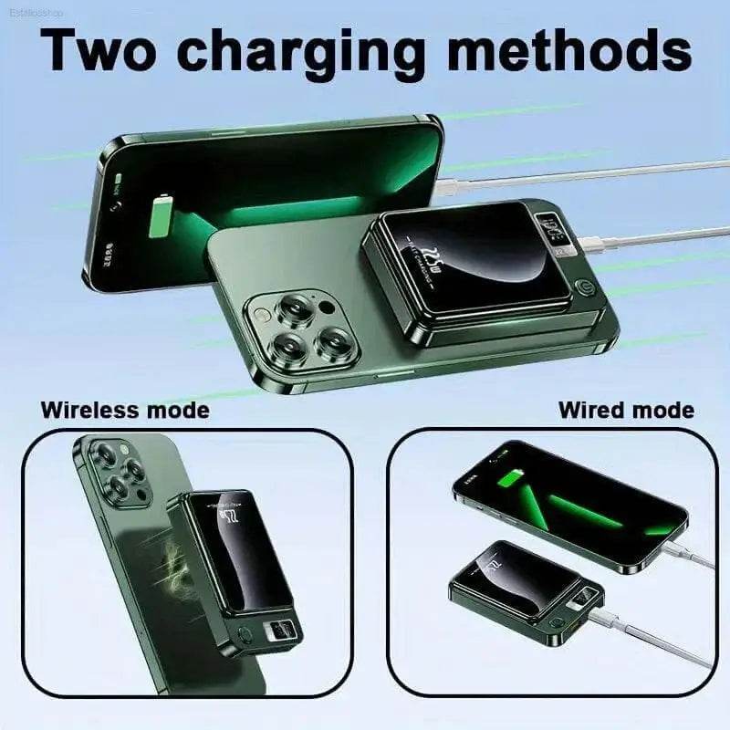 Portable wireless charger with wired option.