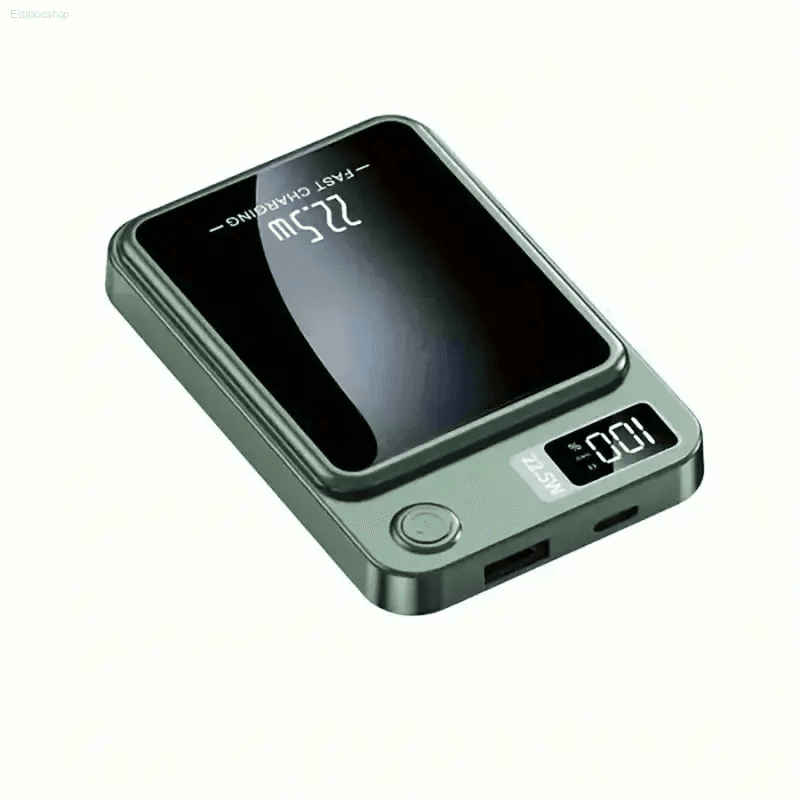 Green power bank with digital display.