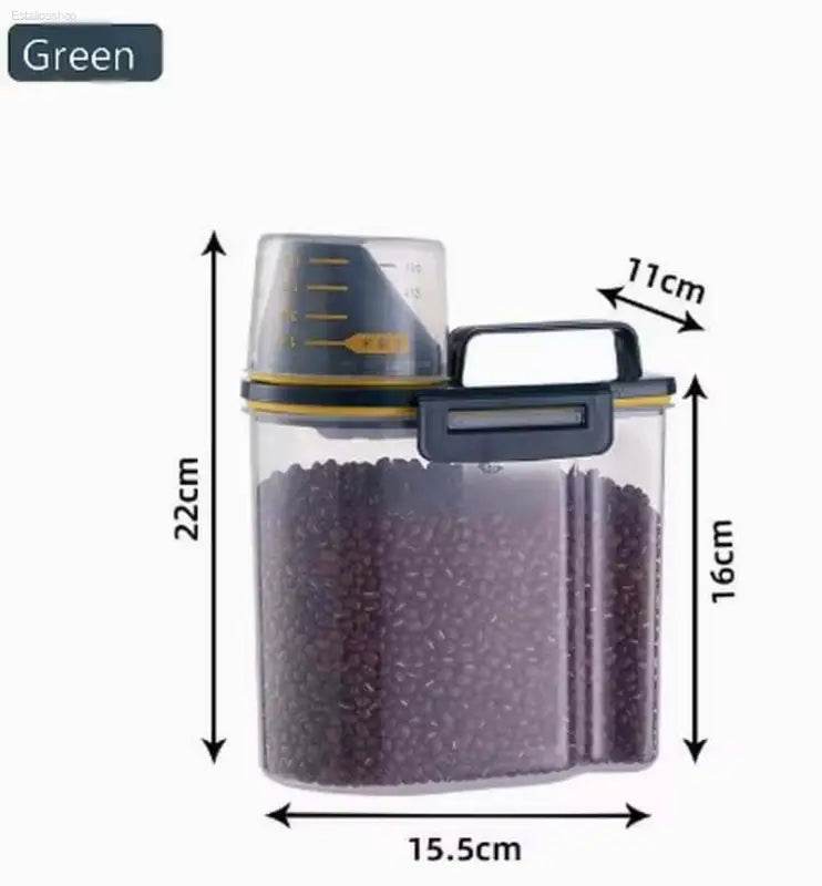 Plastic food storage container with dimensions.