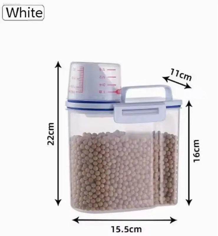 Clear plastic food storage container with measuring cup.
