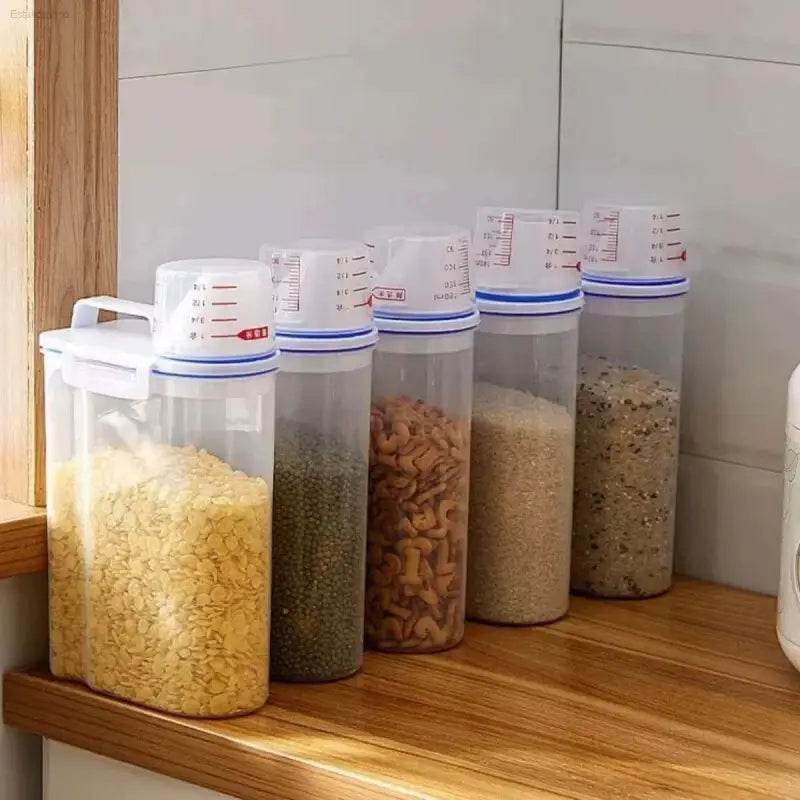 Clear food storage containers with measuring cup lids.