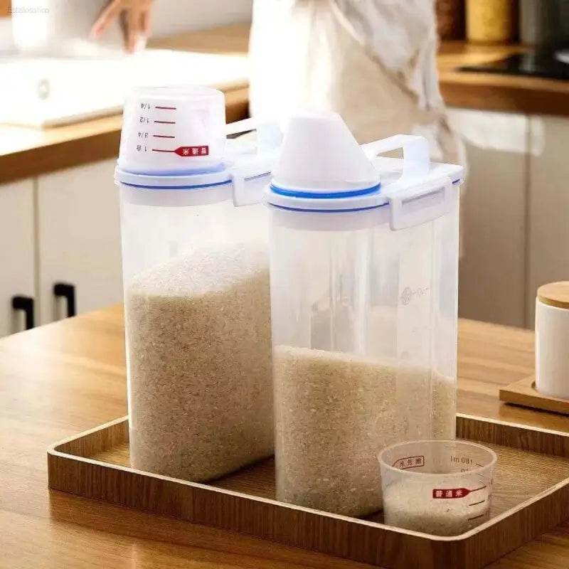 Rice storage containers with measuring cups.