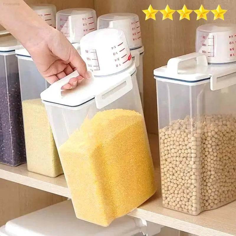 Clear food storage containers with measuring cup lids.
