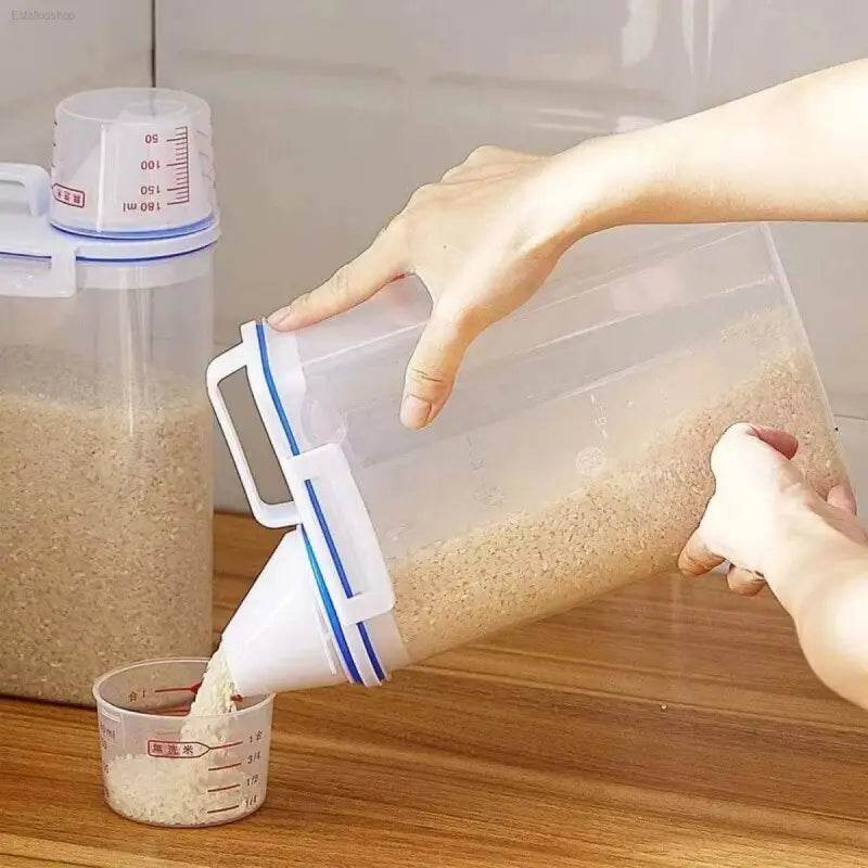 Rice dispenser pouring into measuring cup.