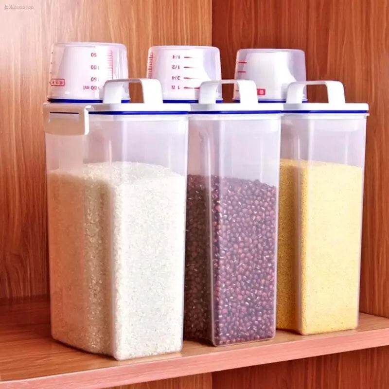 Airtight food storage containers with measuring cups.
