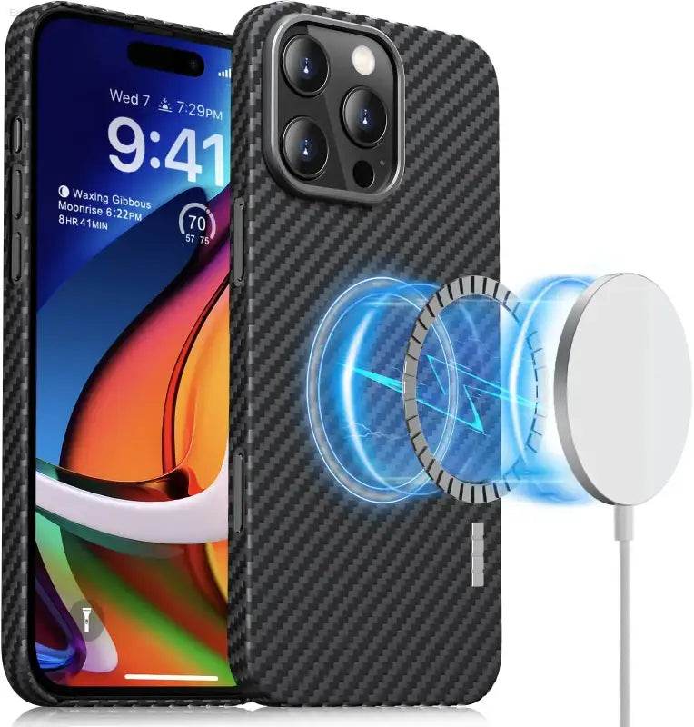 Carbon fiber iPhone case with MagSafe charger.