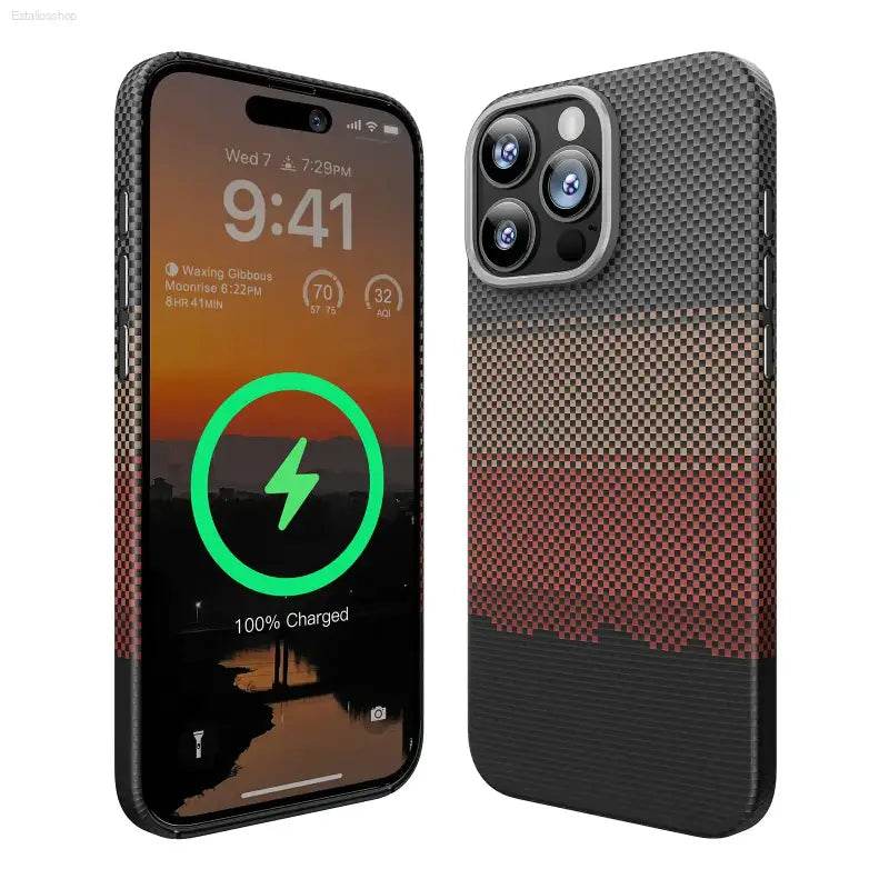 Two iPhone 14 Pro smartphones in protective cases.
