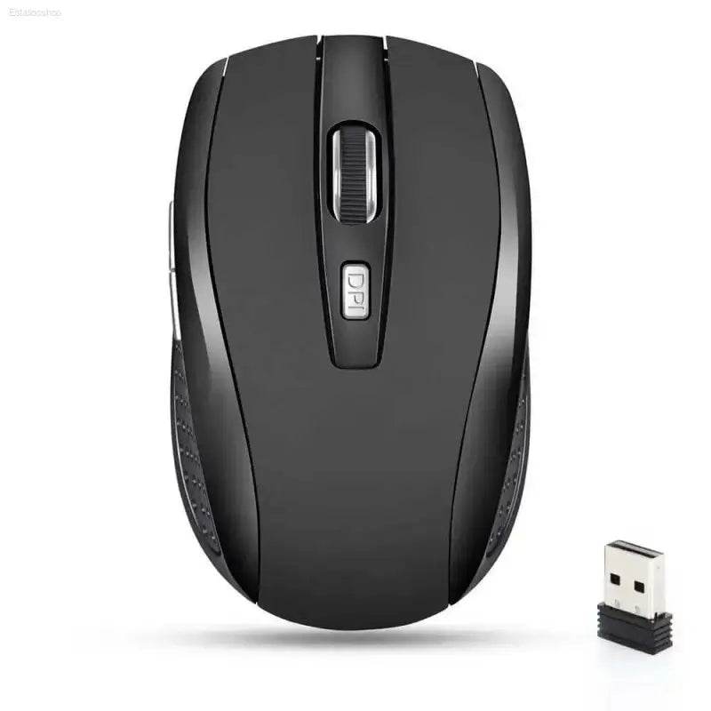 Black wireless computer mouse.