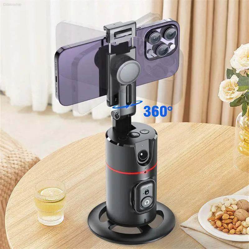 Black phone holder with 360-degree rotation.