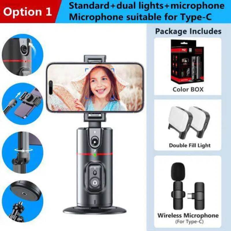 Smartphone holder with microphone and lights.
