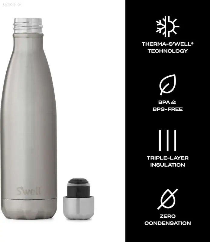 Silver water bottle with cap.