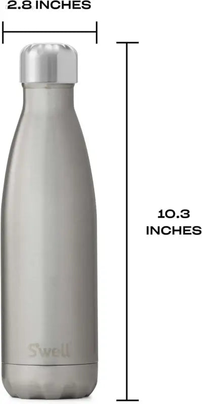 Silver water bottle with dimensions.