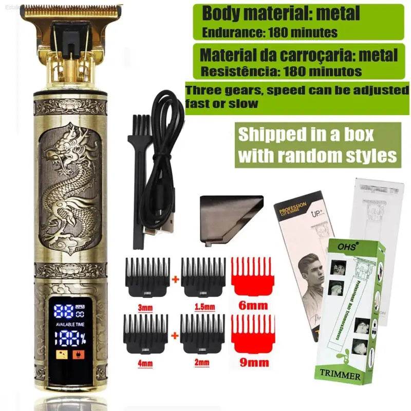 Gold dragon-engraved hair trimmer with accessories.