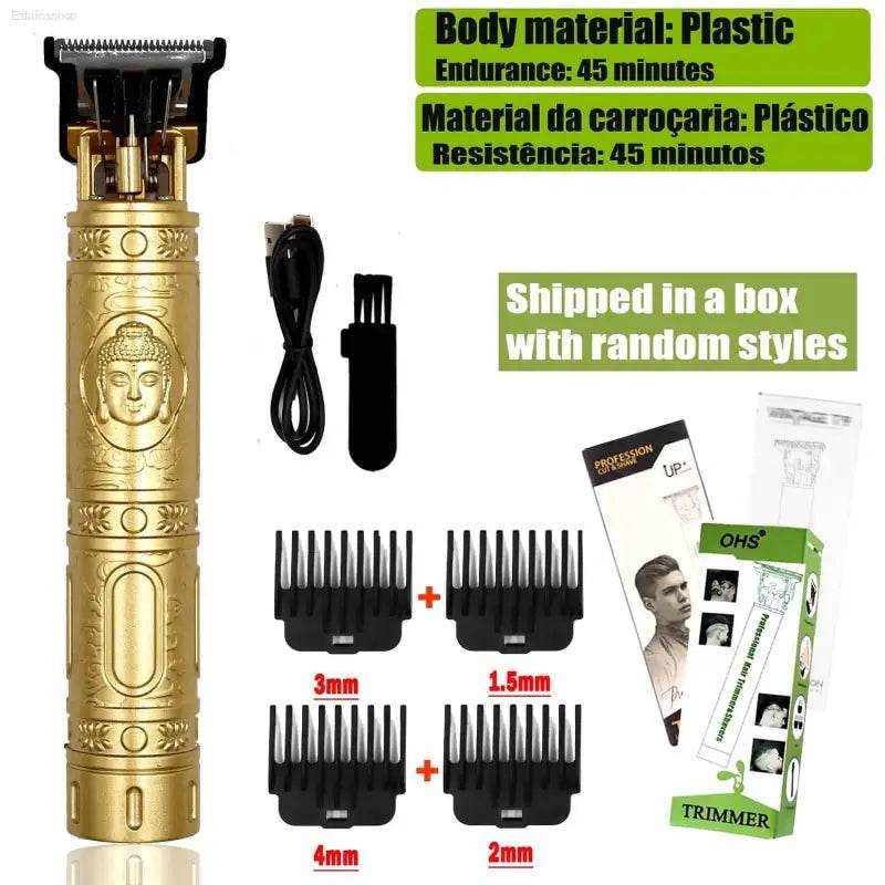 Gold-colored hair trimmer with accessories.