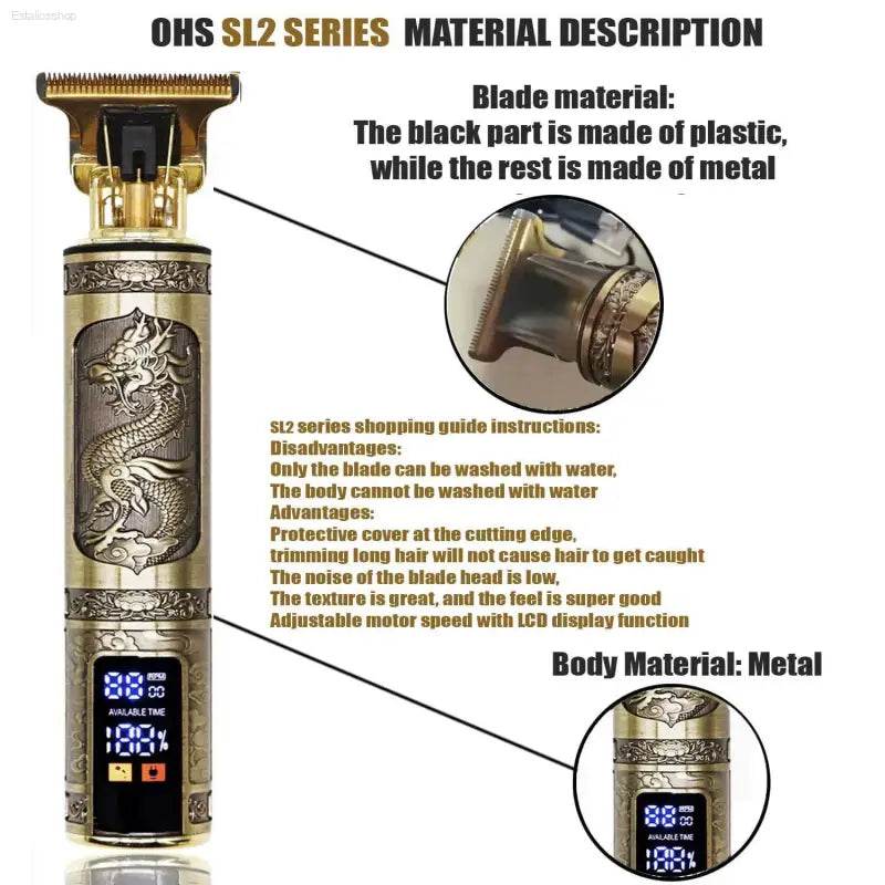Gold-colored hair clipper with dragon design.