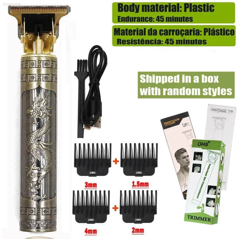 Dragon-engraved hair trimmer with accessories.