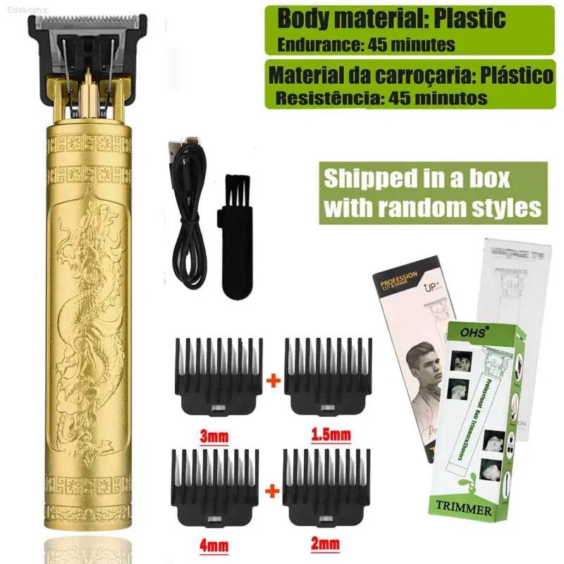 Gold-colored hair trimmer with accessories.