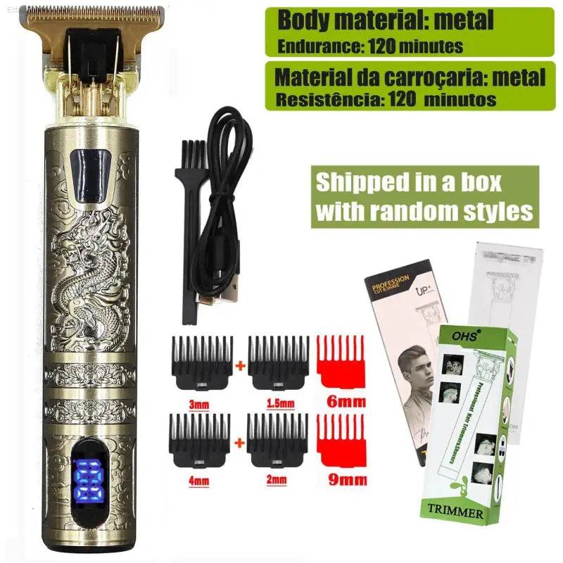 Gold-colored dragon-engraved hair trimmer with accessories.