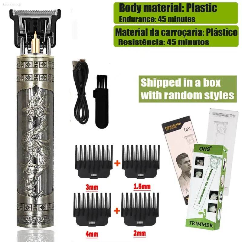 Dragon-engraved hair trimmer with accessories.