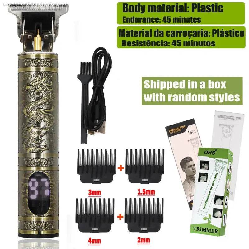 Dragon-engraved hair trimmer with accessories.