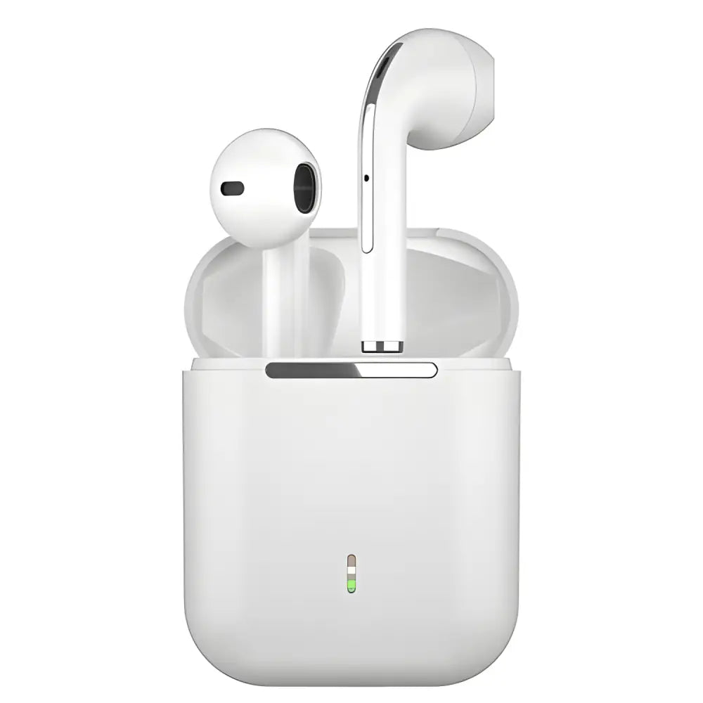 White wireless earbuds in charging case for Dragon J-Max Bluetooth Earbuds