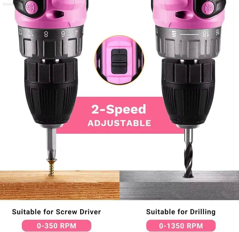 Pink cordless drill with adjustable speed.