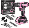 Pink and black cordless drill with accessories.