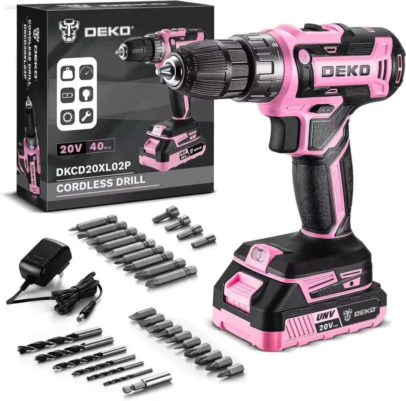 Pink and black cordless drill with accessories.