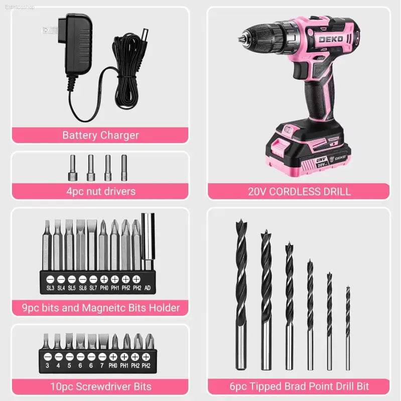 Pink and black cordless drill set.