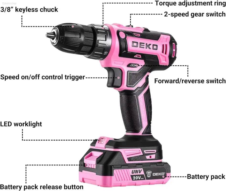 Pink and black cordless drill with labeled features.